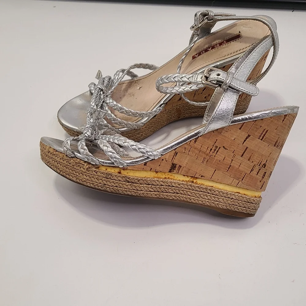 Prada silver leather strappy Wedge heel with Cork Heel peep toe size‎ 38